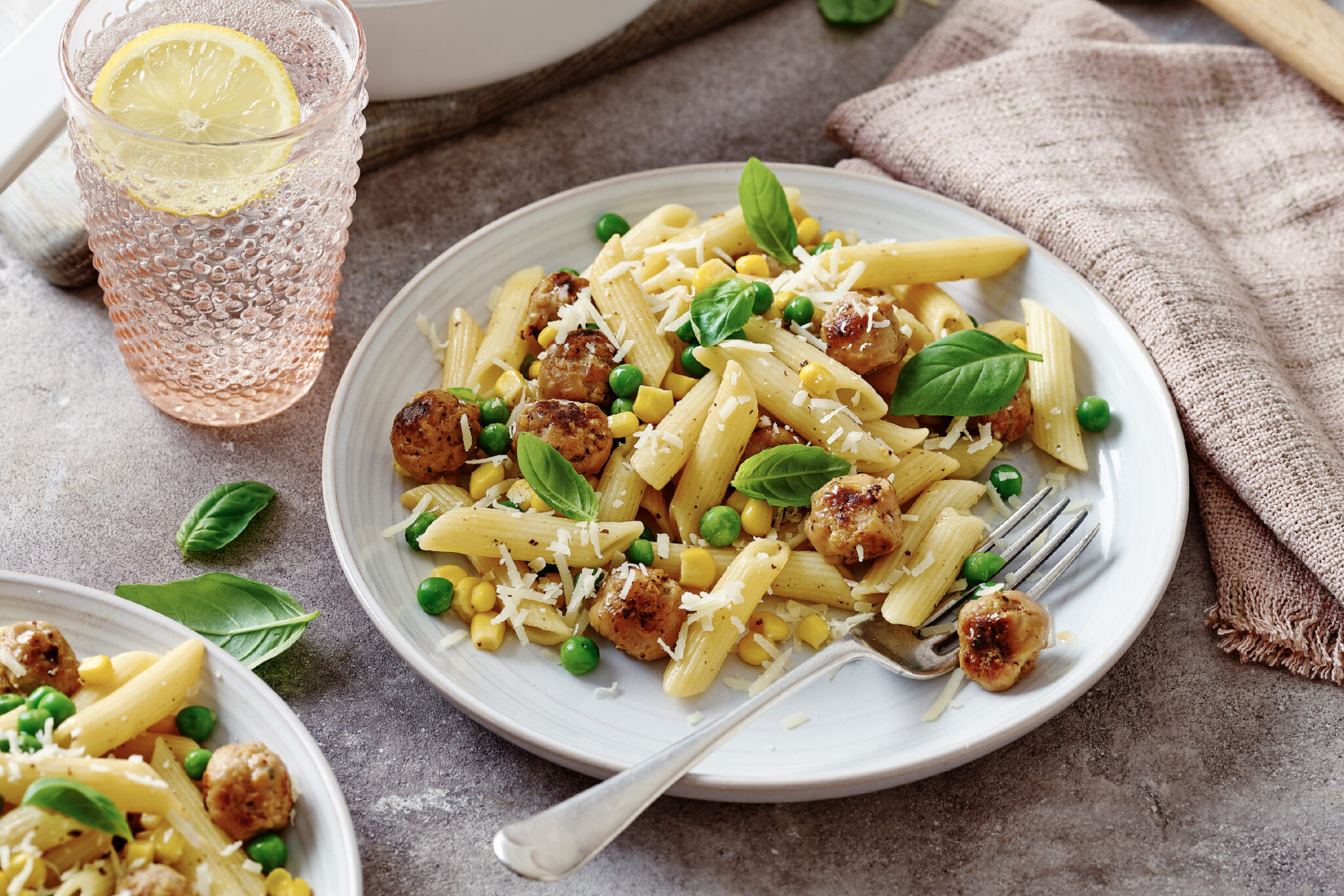 Sausage, pea and corn pasta Southern Coop
