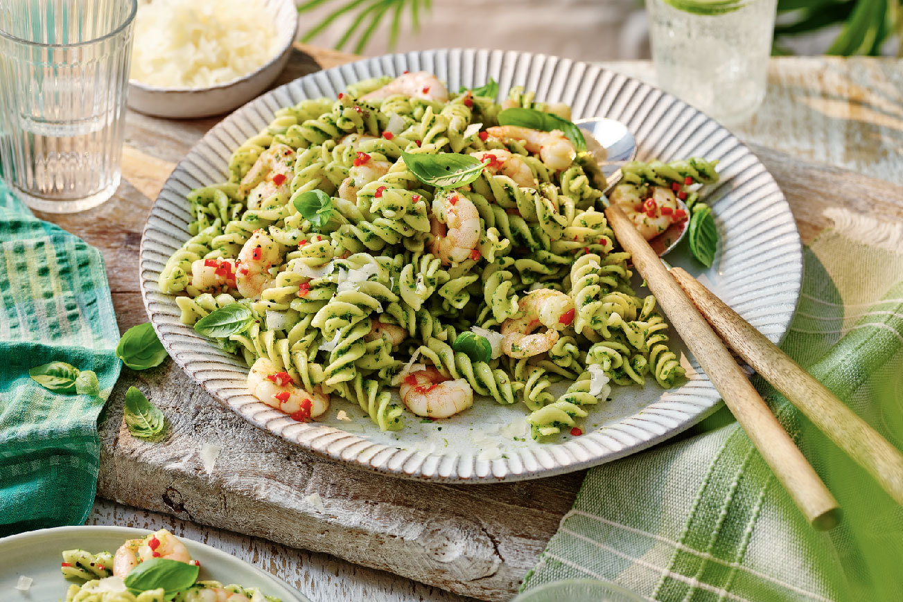 Prawn and avocado and rocket pesto pasta Southern Coop